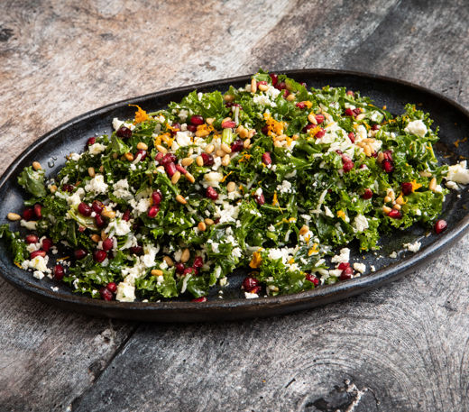 Rice salad with pomegranate, feta, toasted pine nuts and orange vinaigrette