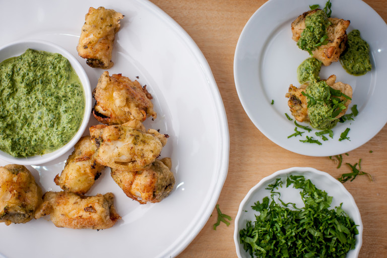 Crispy plaice and mint pinwheels
