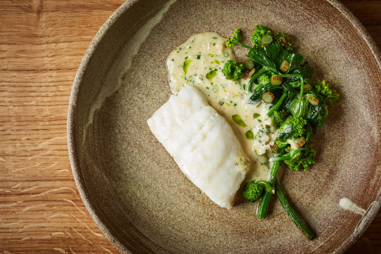 Baked turbot with cider butter sauce and sea vegetables