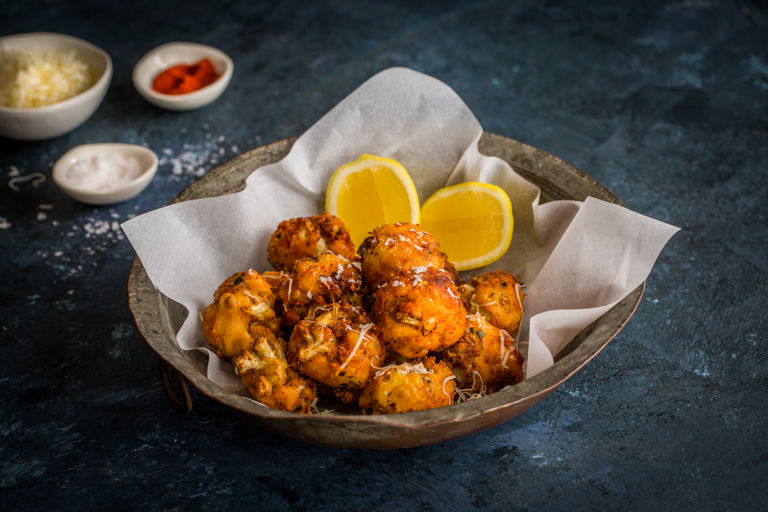 Cauliflower and Gruyere fritters with bacon