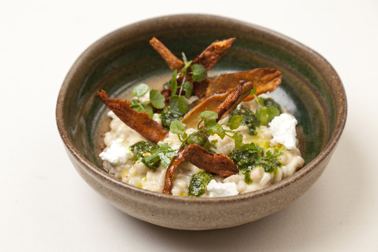 Jerusalem artichoke orzotto with parsley and peanut pesto