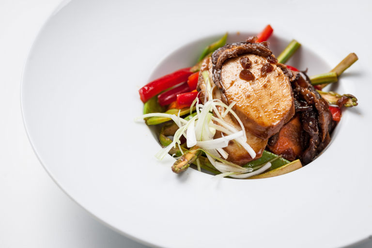 Soy chicken with shiitake mushrooms and lightly pickled vegetables