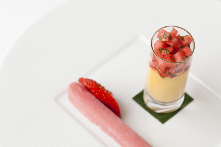 Mango baked yoghurt, melon-mint salsa, and strawberry cream fingers