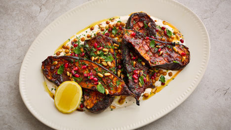 Harissa honey aubergine with tahini yoghurt and crispy chickpeas