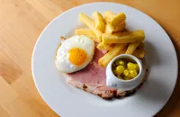 Ham, egg and chips with piccalilli
