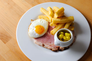 Ham, egg and chips with piccalilli