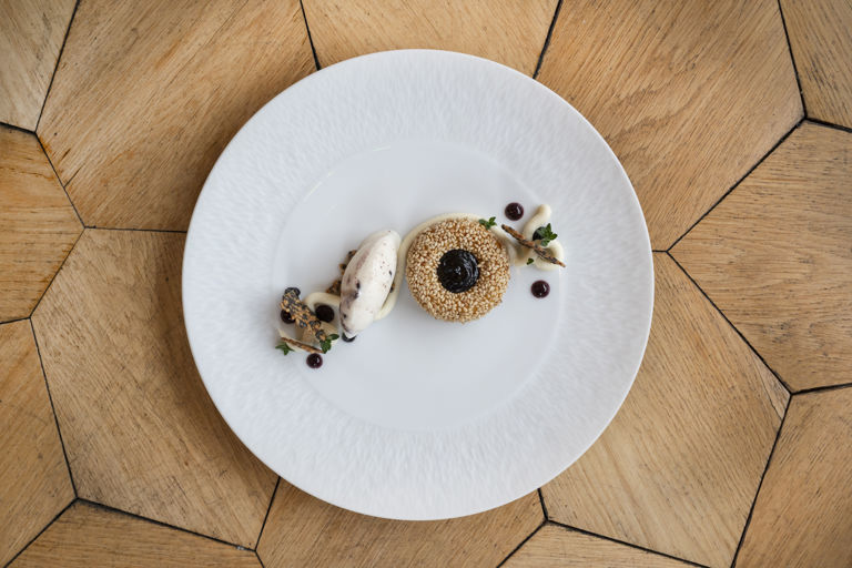 'Turkish Breakfast' – yoghurt and sesame cake with sour cherry and black olive caramel