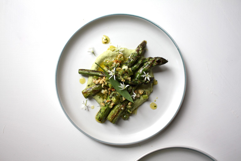 Grilled Asparagus, Wild Garlic & White Bean Hummus, Spring Onion & Hazelnut Pesto