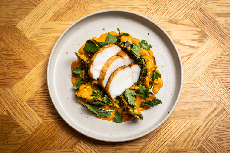 Golden monkfish with curried vadouvan mussels and orzo