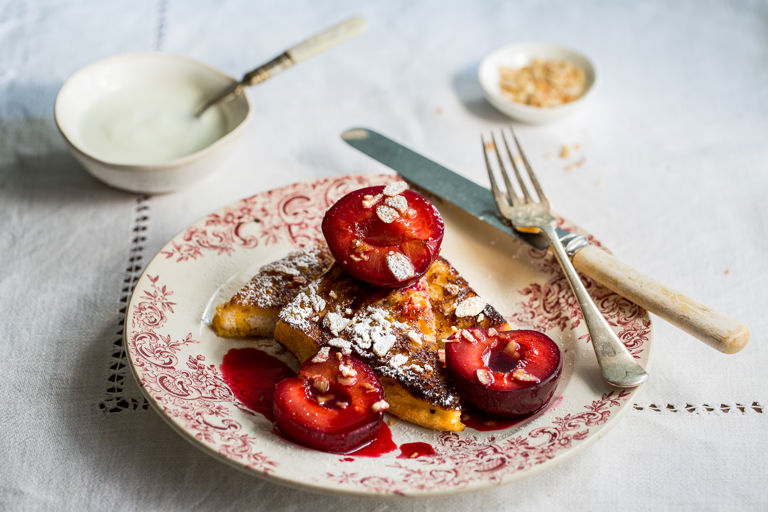 Spiced roast plum and almond French toast