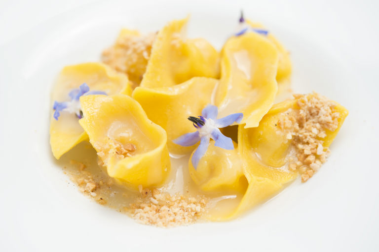 Tortelli filled with Parmesan, lavender, nutmeg and almond