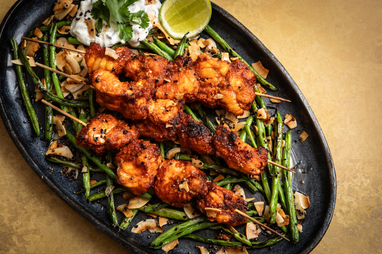 Spicy BBQ monkfish with charred green bean salad and raita