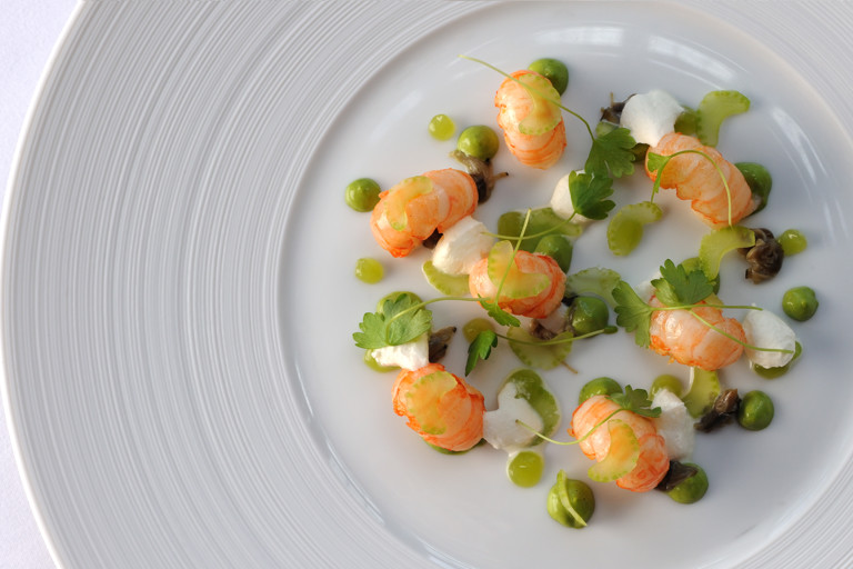 Roasted Scotch langoustines, oyster purée, celery, and horseradish