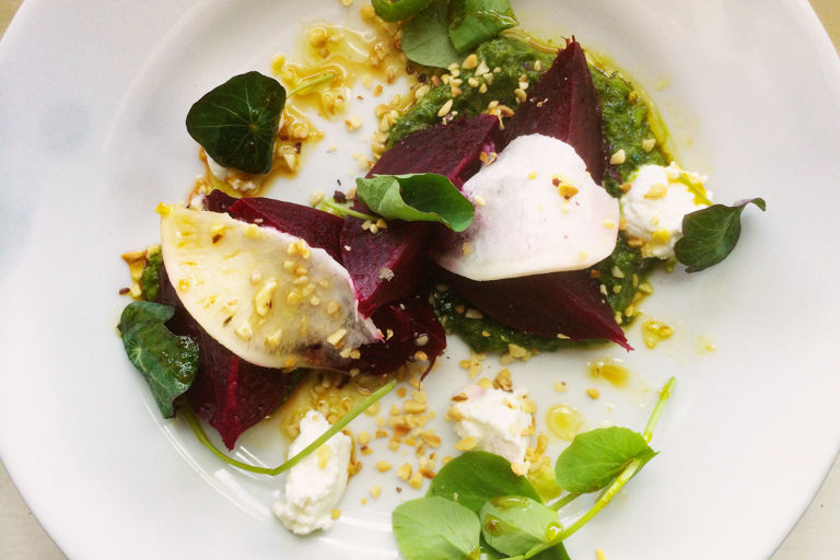 Beetroot, pickled turnip and goat curd salad