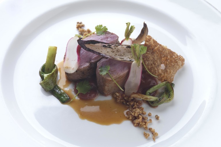 Duck breast with rhubarb purée and walnut granola