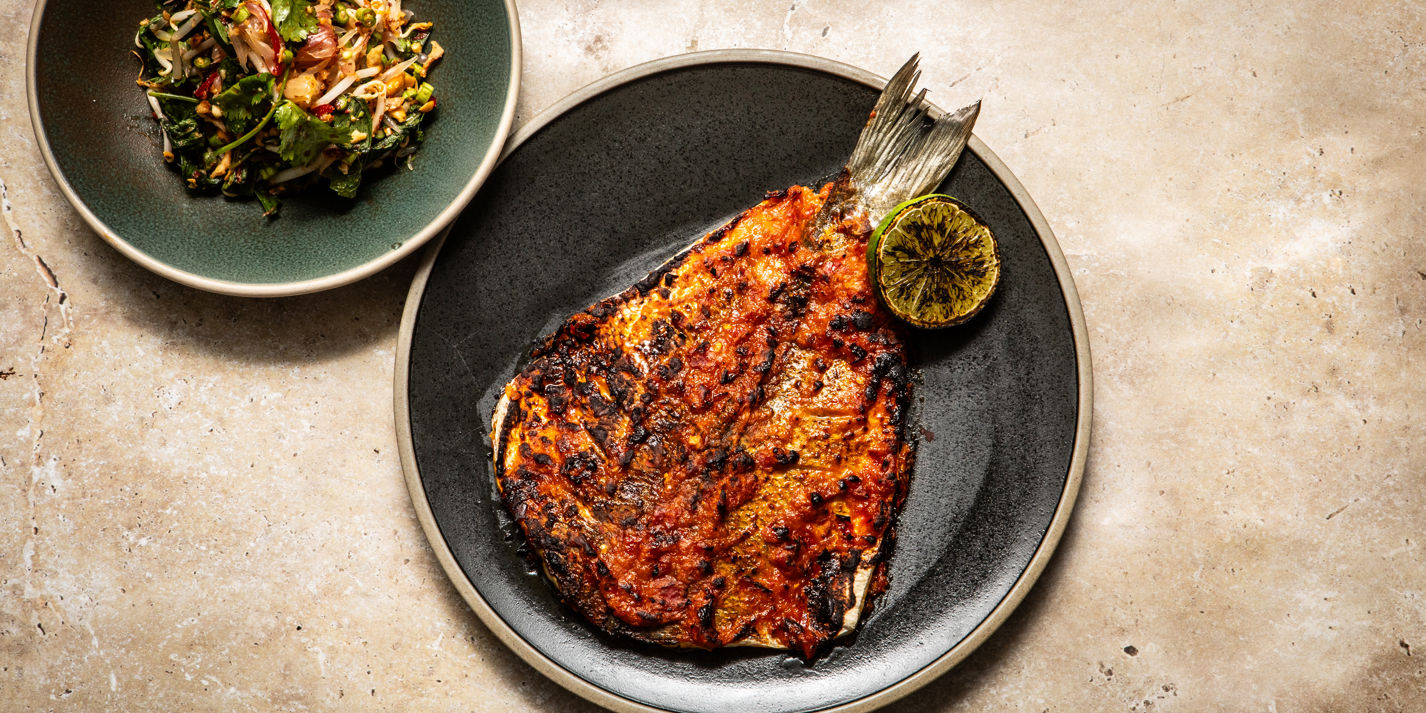 Roasted Sea Bass with Durian Sambal and Snake Bean and Pomelo Salad Recipe - Great British Chefs