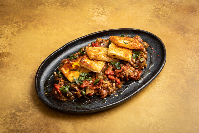 Smoky caponata with chargrilled halloumi