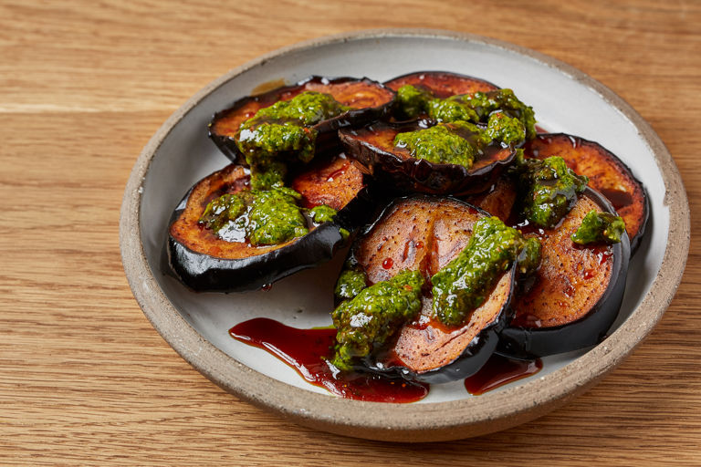 Fried aubergines with date syrup and zhoug