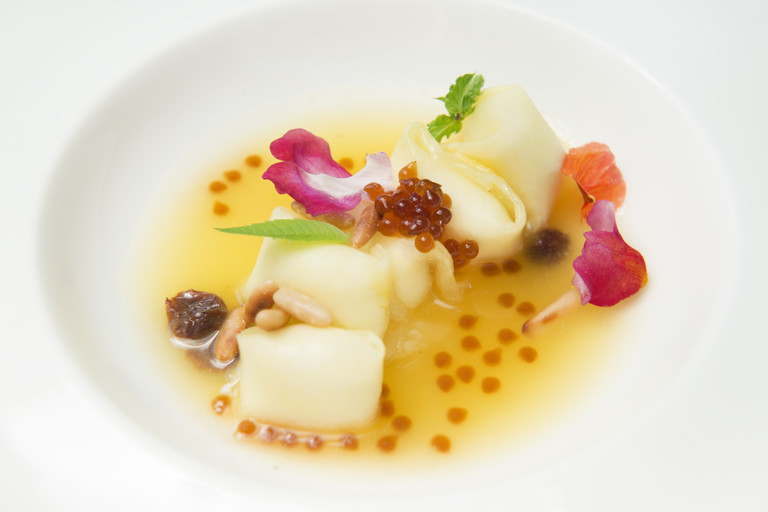 Pineapple ravioli with ricotta and coffee caviar