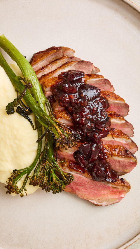 Duck breast with cherry hoisin sauce, pommes purée and charred broccoli recipe reel