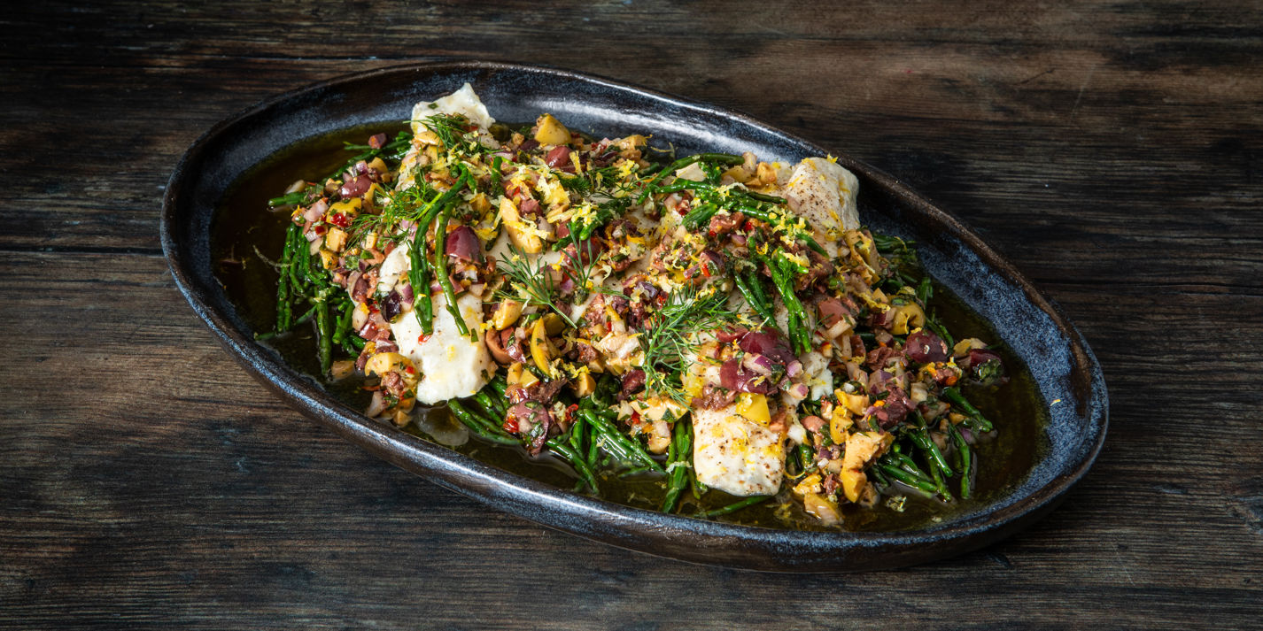 Pan-Seared Sea Bass with Citrus-Olive Salsa and Samphire - Great British Chefs