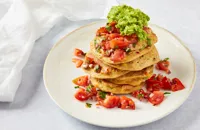 Spelt and sweetcorn pancakes with avocado and salsa