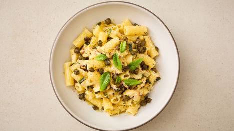 Charred courgette rigatoni in a lemon and mint butter sauce