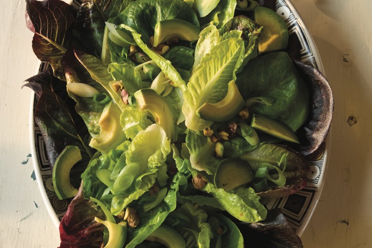 Little gems with avocado, pistachios and miso-honey dressing