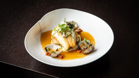 Pan-fried sea bass, chorizo, miso and doenjang clam sauce with yuzu-crushed potatoes