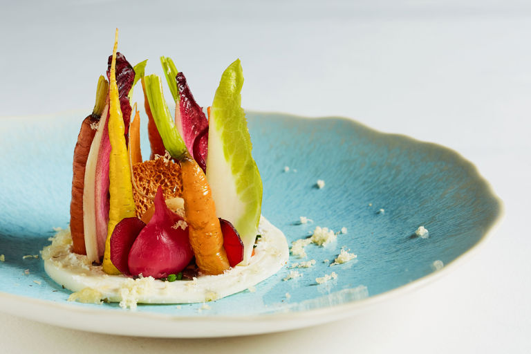 Salad of autumn vegetables with goat's curd and cobnuts