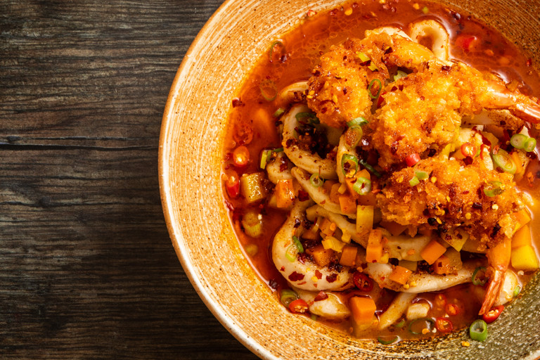 ‘Firecracker’ soup curry udon with crispy prawns