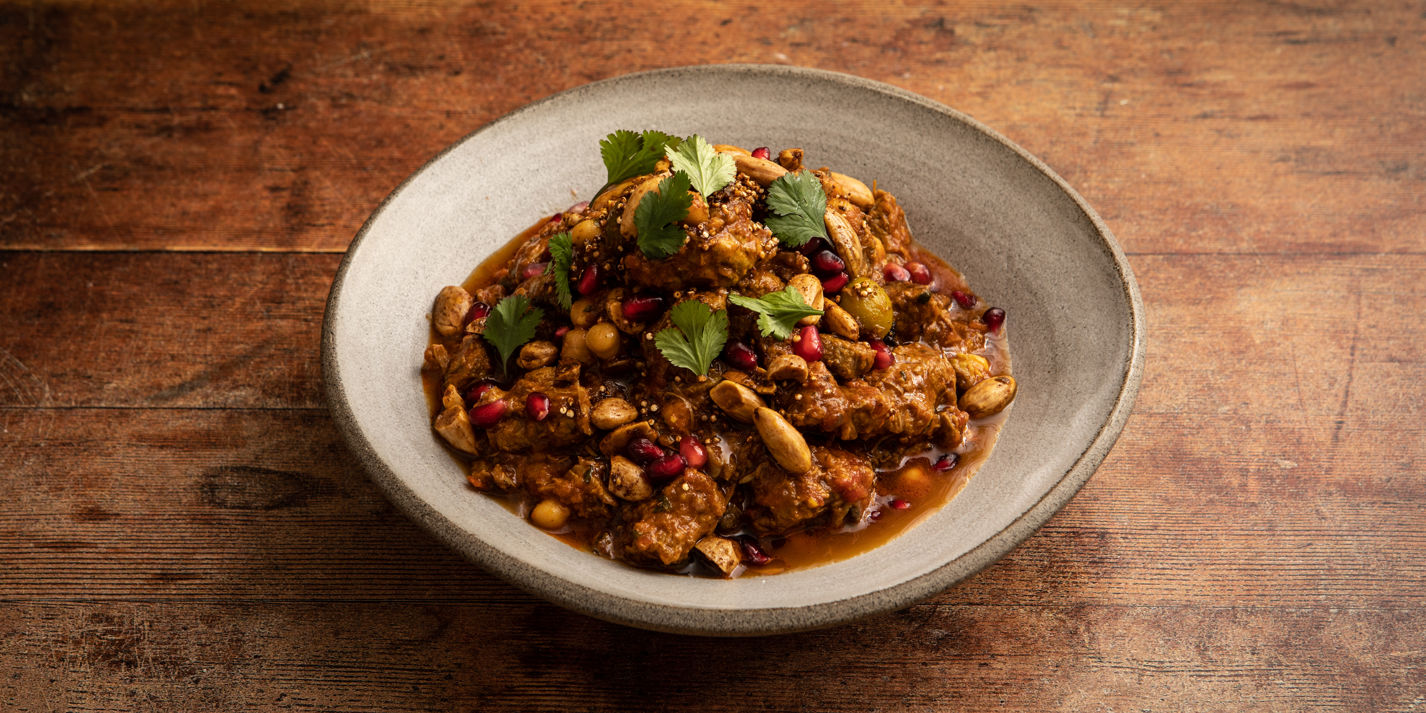 Lamb and Mushroom Stew With Preserved Lemon, Olives and Spiced Almond Crunch Recipe - Great British 