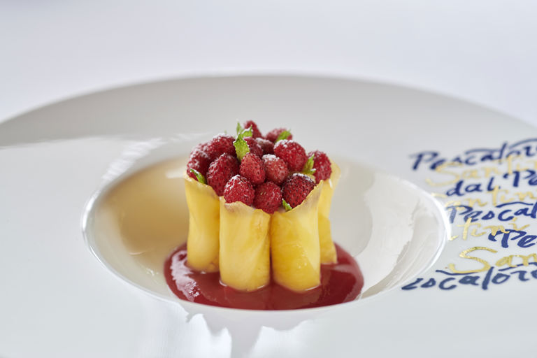 Pineapple maccheroni with fresh fruit and raspberry coulis