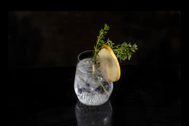 Comice Pear infused gin and lemon thyme tonic