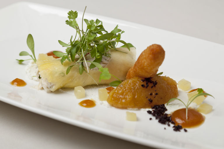 Dressed crab with pineapple chutney and goat's cheese beignet