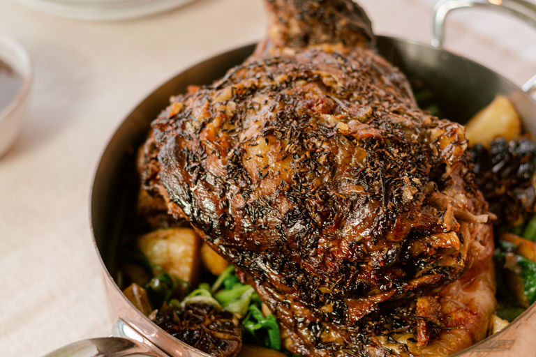 Slow roast lamb shoulder and lamb fat potatoes