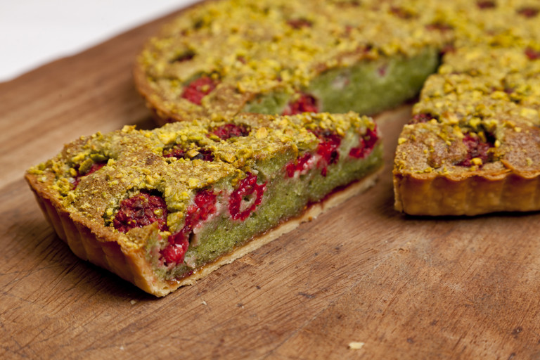 Pistachio and raspberry Bakewell tart 