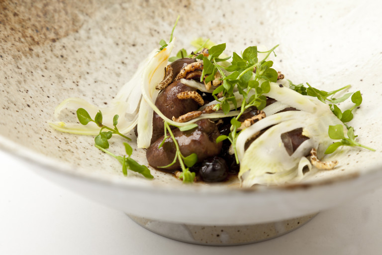 Duck hearts with pickled blueberries, fennel and wild rice