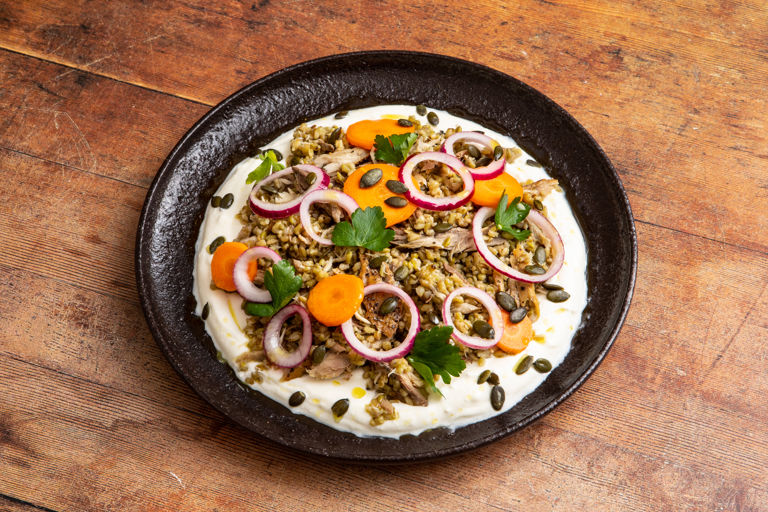 Freekeh with labneh, smoked mackerel and quick pickled vegetables