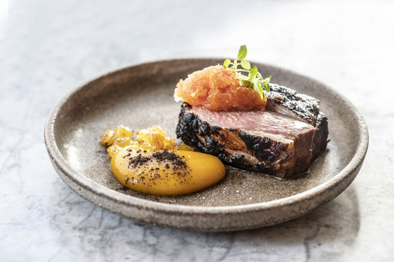Mazandarani lamb with apricot purée and saffron tomato salsa