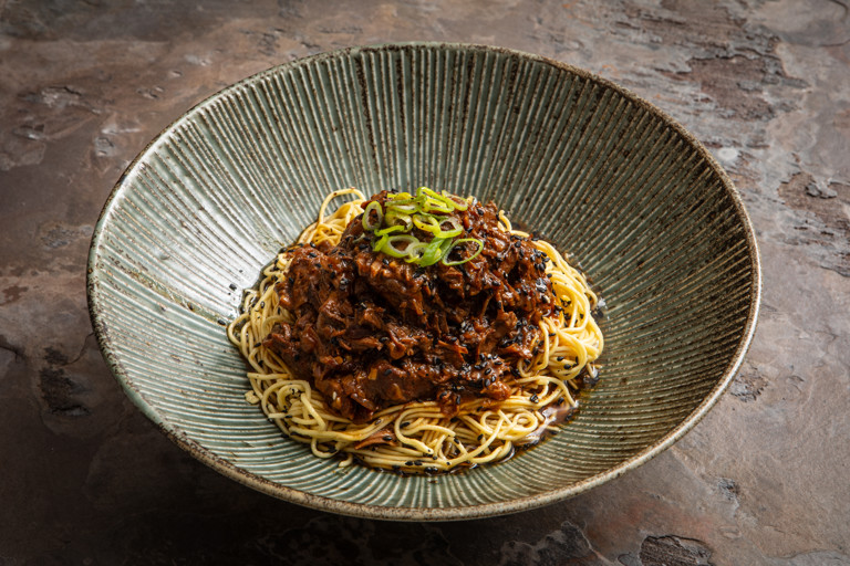 Miso-braised chuck steak with sesame noodles