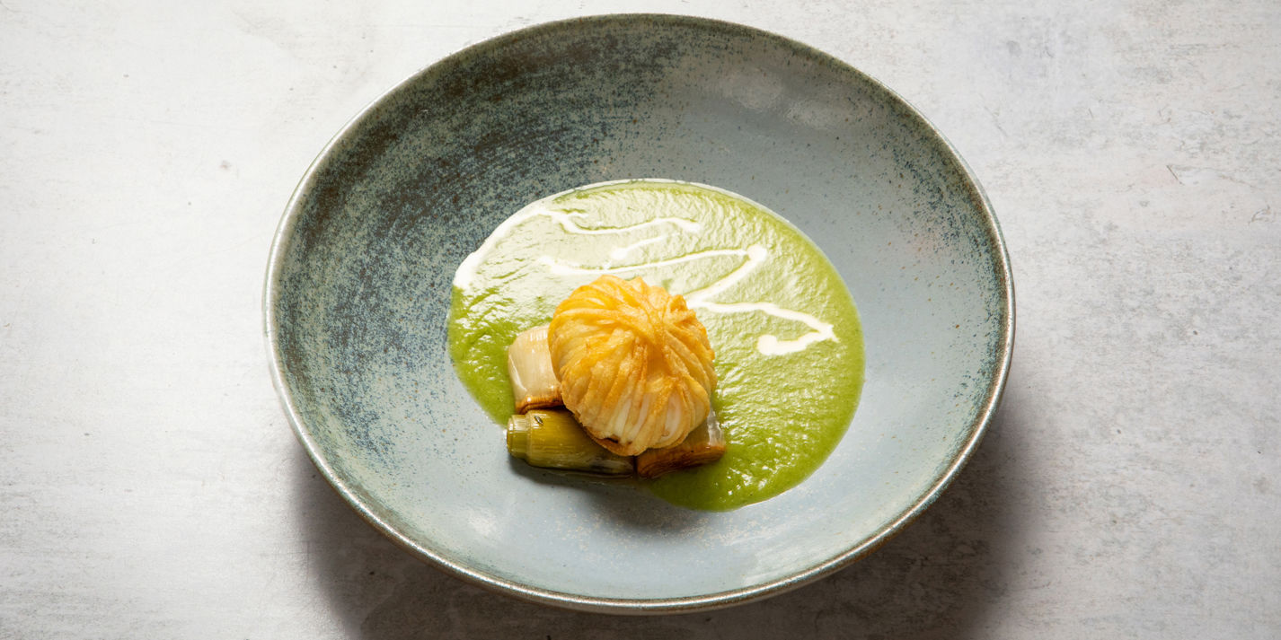 Leek and Potato Velouté, Crispy Potato Egg, Truffle Cream Recipe - Great British Chefs
