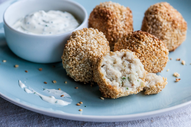 Ping-pong balls with chive yoghurt