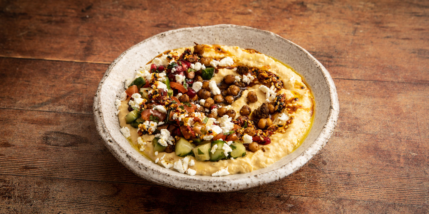 Preserved Lemon Hummus, Chilli Oil, Ras El Hanout Chickpeas and Pomegranate Salad Recipe - Great Bri