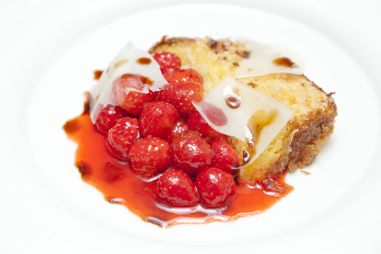 Pain perdu with roasted strawberries, aged balsamic and Parmesan