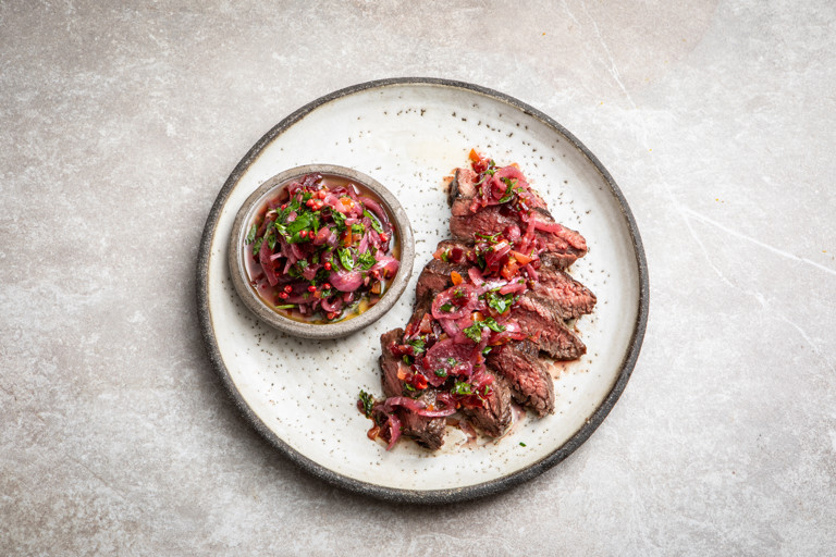 Denver steak with pink onion salsa