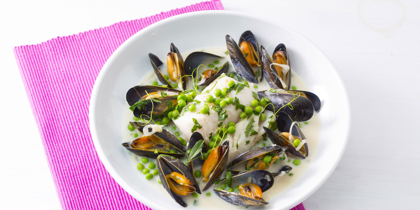 Poach Cod Recipe with Mussels and Peas - Great British Chefs
