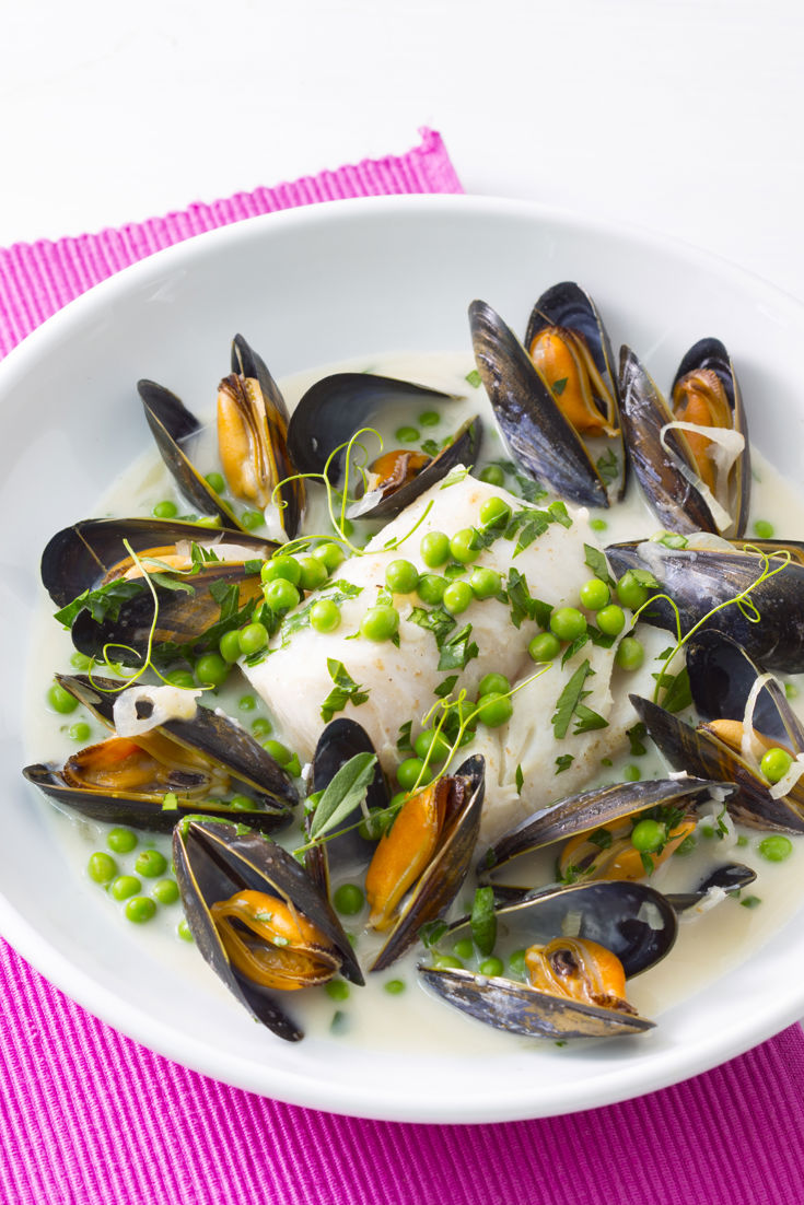 Poach Cod Recipe with Mussels and Peas - Great British Chefs
