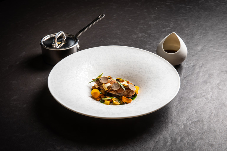 Partridge with burnt apple purée, mushrooms, squash and an Albufera cream sauce