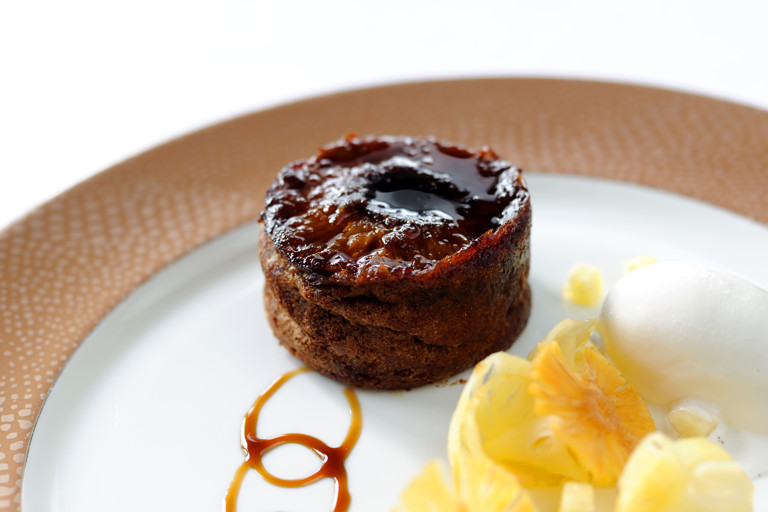 Baked pineapple and ginger cake with muscovado sugar and mascarpone sorbet